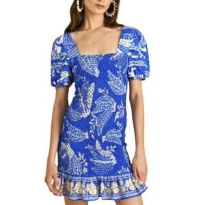 Farm Rio Lace Bananas Mini Dress Blue White Smocked Puff Sleeve Size Medium